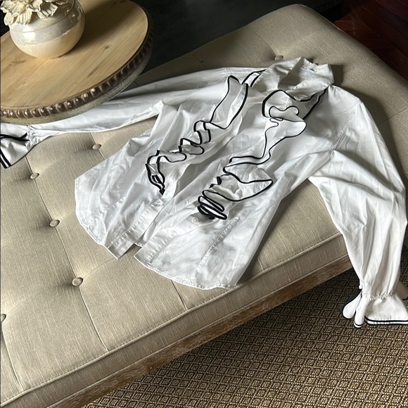 Anne Fontaine Academia ShirtWhite Long Sleeve Ruffled Placket/ Sleeve Blouse